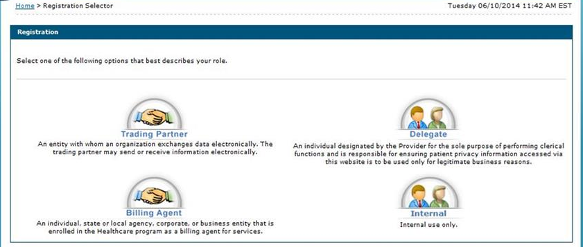Registration Selector with Trading Partner, Delegate, Billing Agent and Internal options