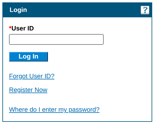 Login panel with User ID, Log In, Forgot User ID, Register Now and Where do I enter my password