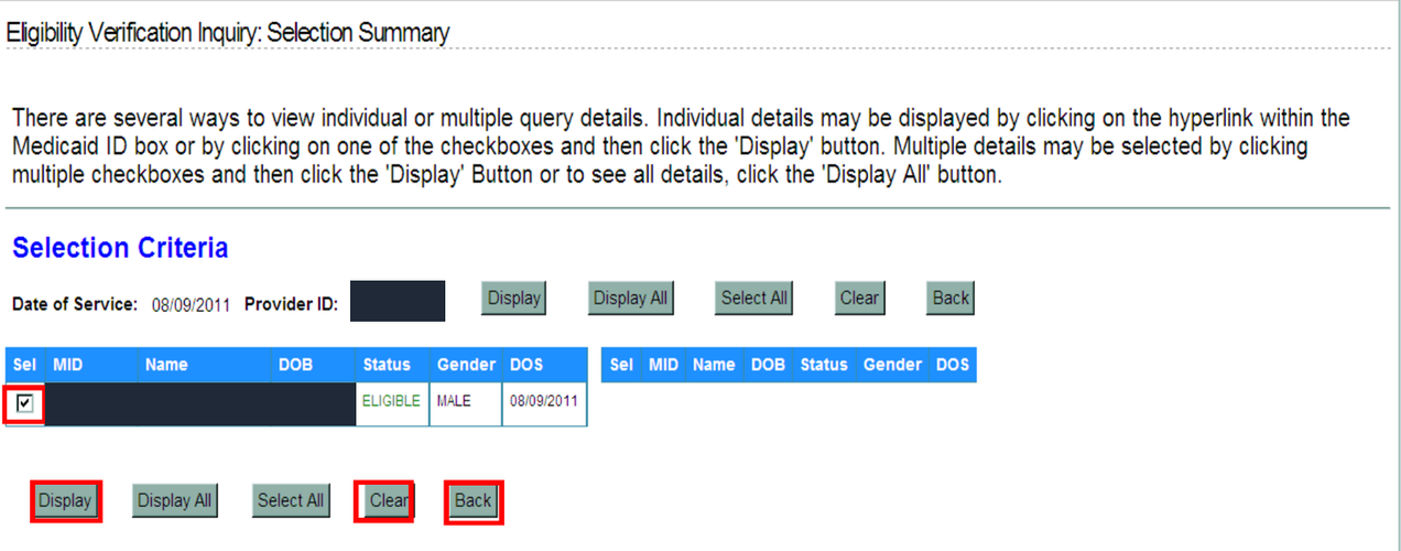Eligibility Selection Summary with Sel checkbox, status, Display, Display All, Select All, Clear and Back