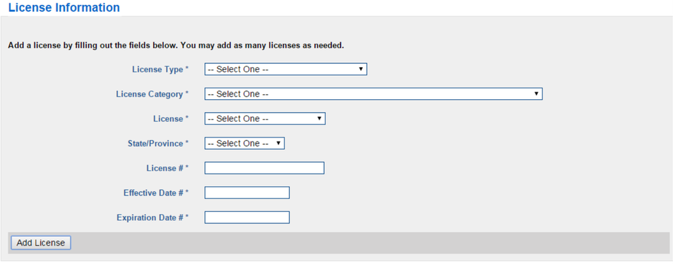 License Information fields for type, category, license, state, number and effective and expiration dates, with Add License