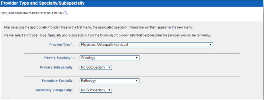 Provider Type and Specialty/Subspecialty dropdowns showing the manual’s physician, Oncology and Pathology examples