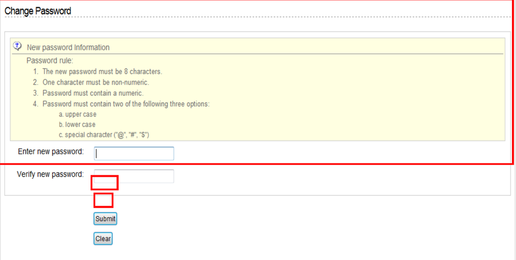 Change Password form with Enter new password, Verify new password, Submit and Clear