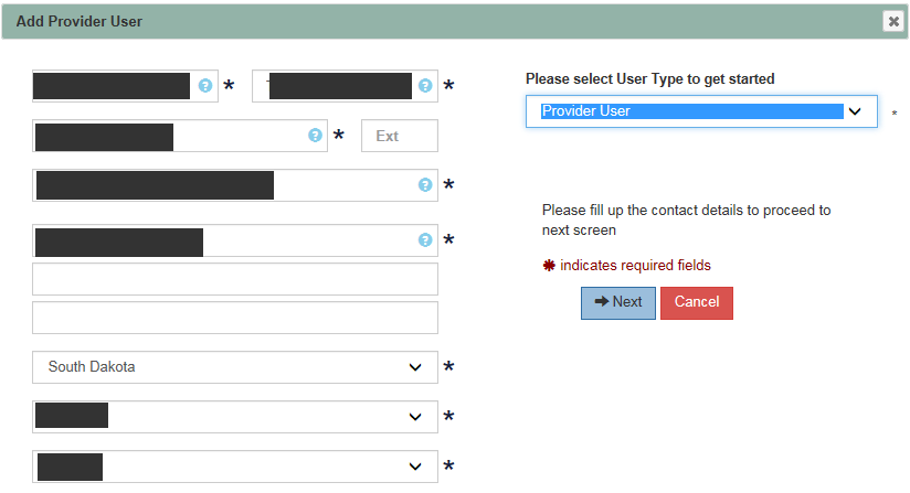 Add Provider User with contact fields, Provider User selected, Next and Cancel