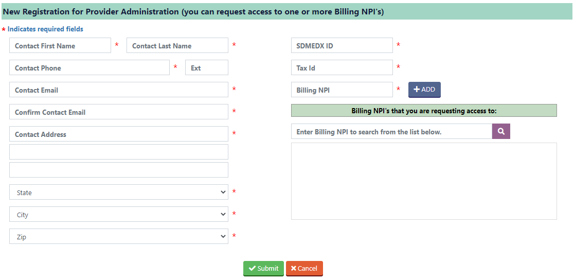 New Registration for Provider Administration with contact fields, SDMEDX ID, Tax Id, Billing NPI, ADD and Submit