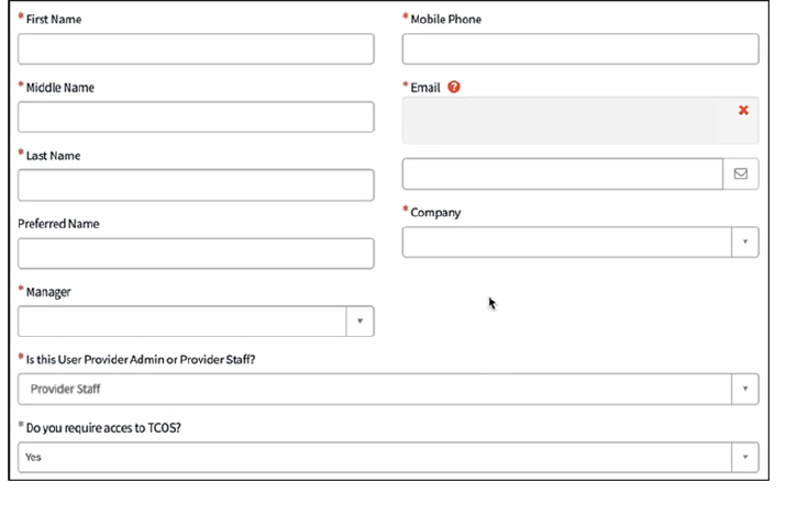 TennCare New User Setup page showing provider staff profile fields