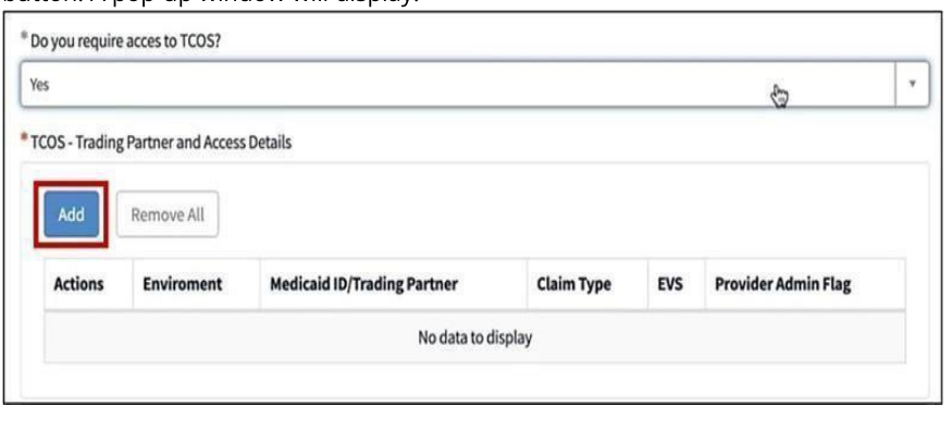 TennCare Online Services Trading Partner and Access Details section with Add button highlighted