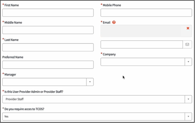 TennCare New User Setup with name, Mobile Phone, Email, Company and Manager fields, Provider Staff selected and TCOS access set to Yes.
