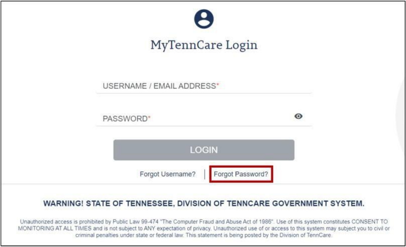 MyTennCare Login with username or email, password, Login and Forgot Password controls.