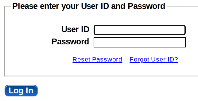 User ID and Password fields, Reset Password, Forgot User ID and Log In controls.