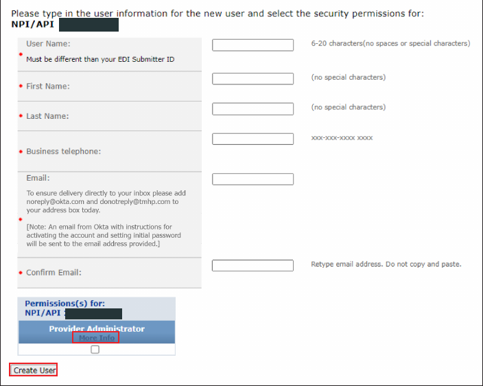 Create-user form with permission selection and Create User button; example NPI covered