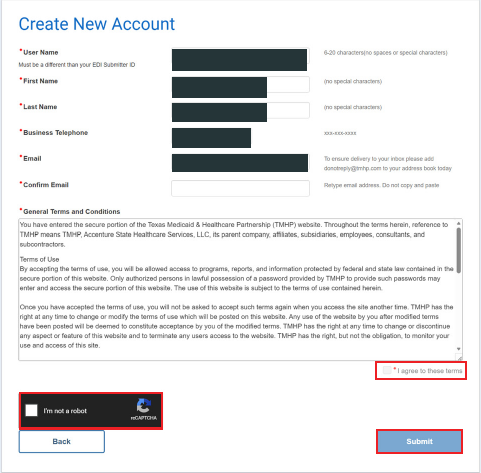 Create New Account fields, terms acceptance, verification and Submit button; example identity covered