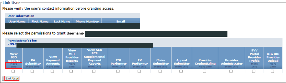 Link User permission checkboxes for an existing biller; example contact details and provider identifiers covered