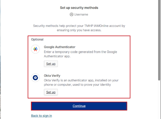 IAMOnline optional authenticator setup and Continue button