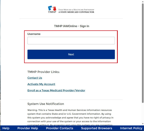 TMHP IAMOnline username field and Next button for your named user