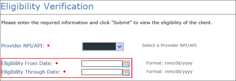 TexMedConnect provider selection and Eligibility From Date and Through Date fields; example NPI covered
