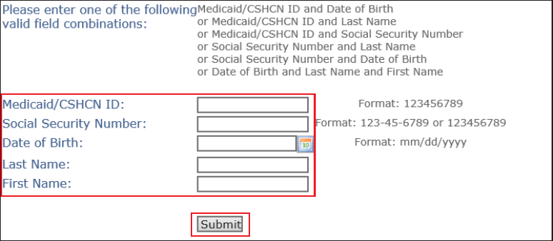 TexMedConnect member search fields and Submit button