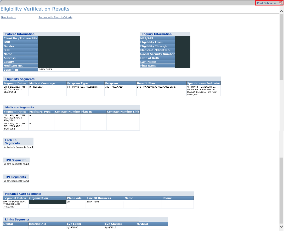 Eligibility Verification Results coverage sections and PDF print option; sample member and provider identifiers covered