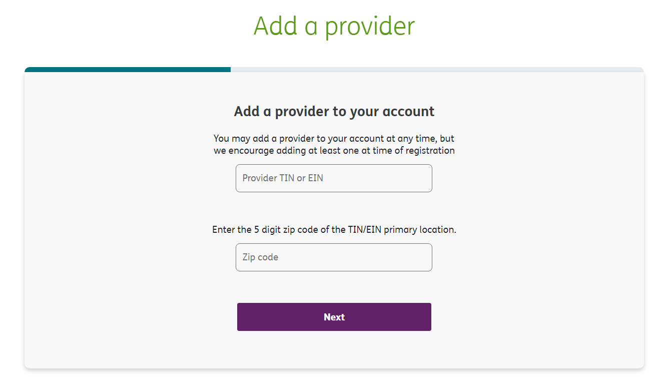 Add a provider form with blank Provider TIN or EIN and primary-location ZIP code fields and Next button.