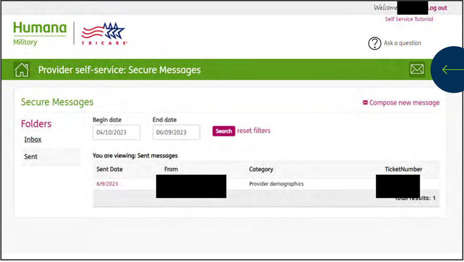 Humana Military Secure Messages with Inbox and Sent folders, Begin date, End date, Search, Compose new message and a message table.