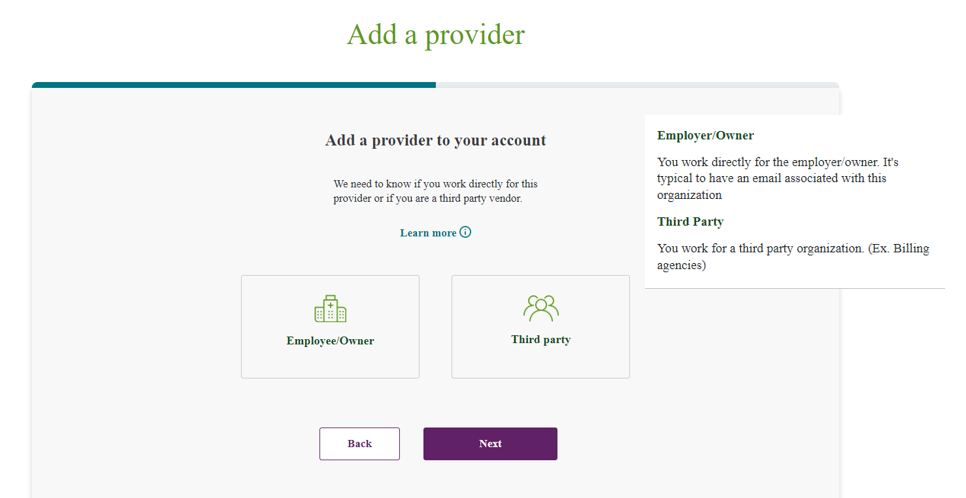 Add a provider role selection showing Employee/Owner and Third party tiles, their definitions, Back and Next.