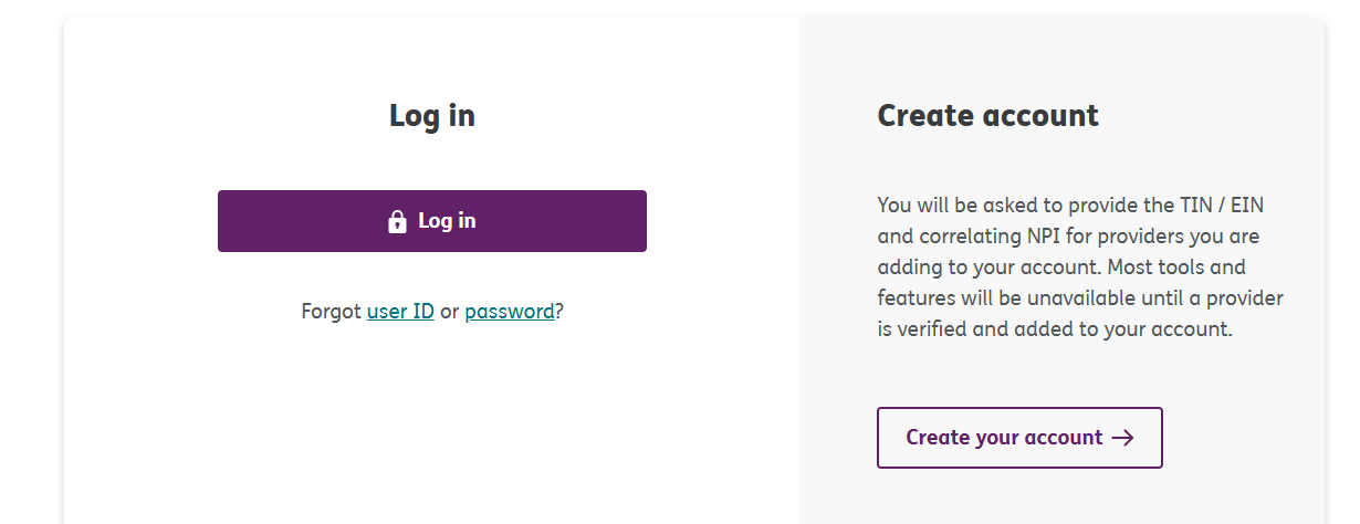Humana Military provider entry with Log in, forgot user ID or password links, and Create your account.