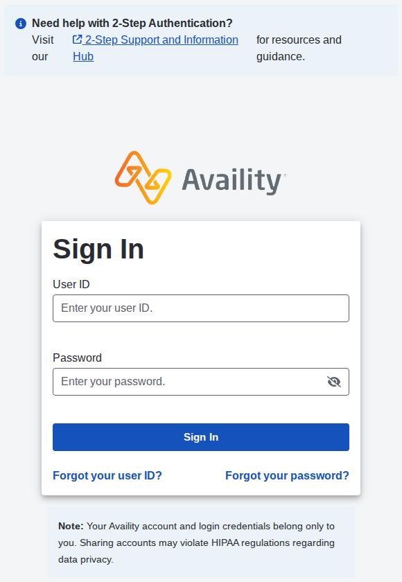 Availity Sign In with blank User ID and Password fields, Sign In button, forgot user ID and password links, and two-step support notice.