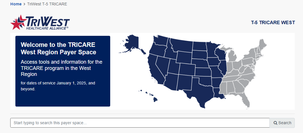 TRICARE West Region Payer Space welcome panel, West-region map, and payer-space search field.