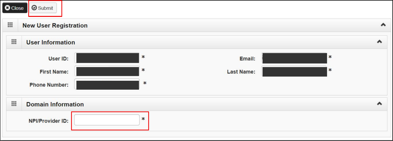 PRISM NPI or Provider ID domain-registration controls; sample contact details covered