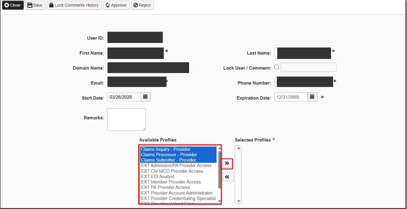 Available Profiles and Selected Profiles lists with Claims Submitter - Provider; contact details covered