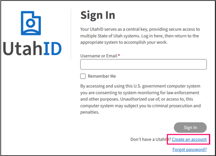 UtahID Username or Email field with Sign In, Create an account and Forgot password controls