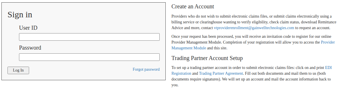 Sign in with User ID, Password, Log In and Forgot password beside Create an Account and Trading Partner Account Setup