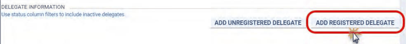 PRSS Delegate Information panel with Add Registered Delegate and Add Unregistered Delegate