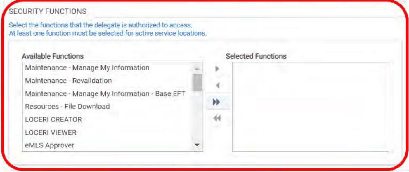 PRSS Security Functions panel with Available Functions, Selected Functions and arrow controls