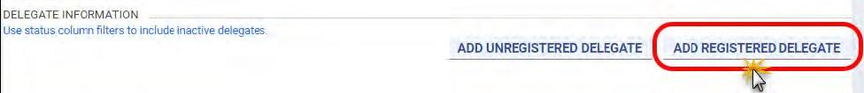 PRSS Delegate Information with Add Registered Delegate highlighted beside Add Unregistered Delegate