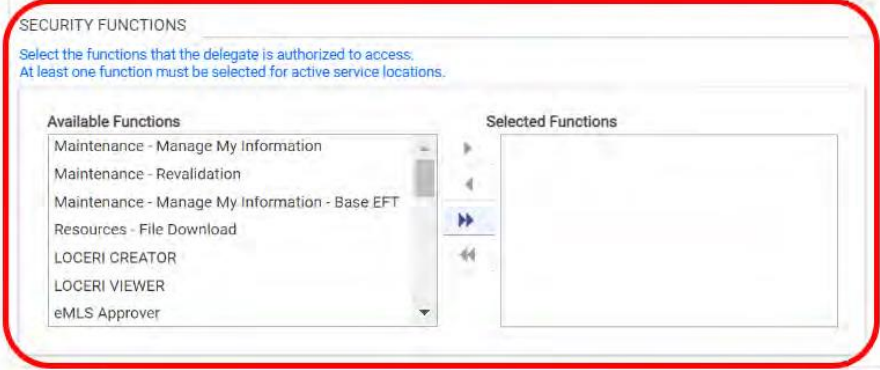 PRSS Security Functions panels for selecting the functions a delegate may access at active service locations