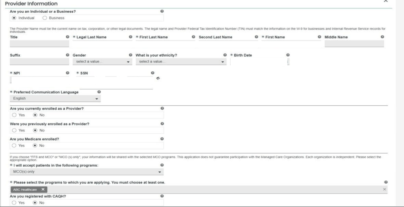 PRSS Provider Information with Individual/Business, obscured identity fields, current/prior enrollment questions, accepted programs and CAQH question