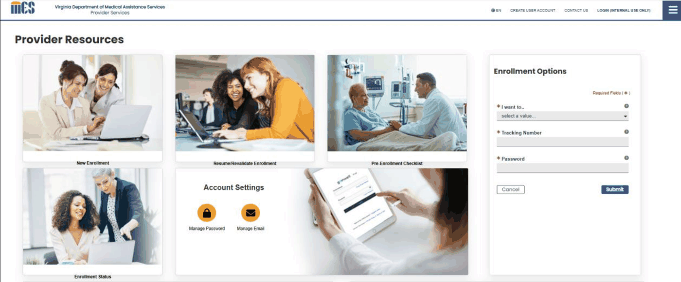 PRSS Provider Resources with New Enrollment, Resume/Revalidate Enrollment, Pre-Enrollment Checklist, Enrollment Status and Enrollment Options