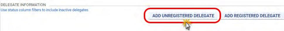 Virginia PRSS Manage Delegates page with Add Unregistered Delegate highlighted