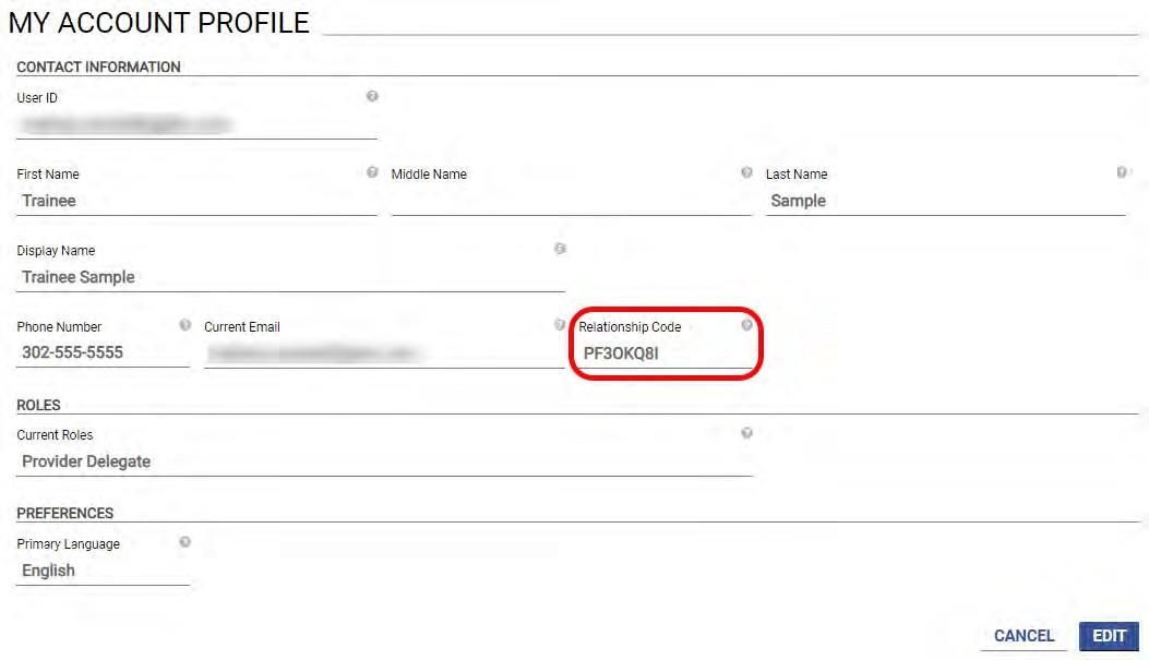 Virginia PRSS delegate account profile with the Relationship Code highlighted