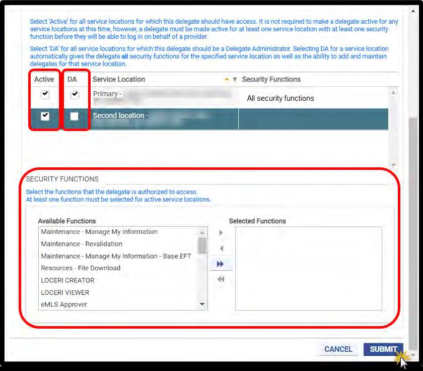 Virginia PRSS delegate security screen showing active service locations and available versus selected functions