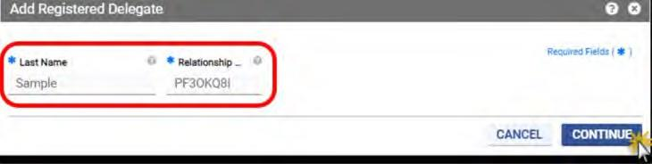 Virginia PRSS Add Registered Delegate window with Last Name and Relationship Code fields highlighted