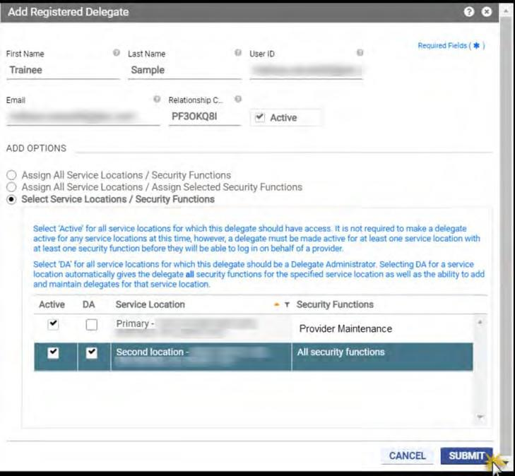 Virginia PRSS Add Registered Delegate window showing service-location and security-function options