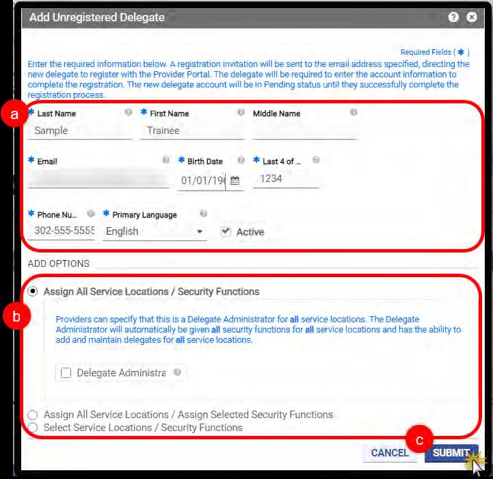 Virginia PRSS Add Unregistered Delegate window showing profile fields and service-location access options