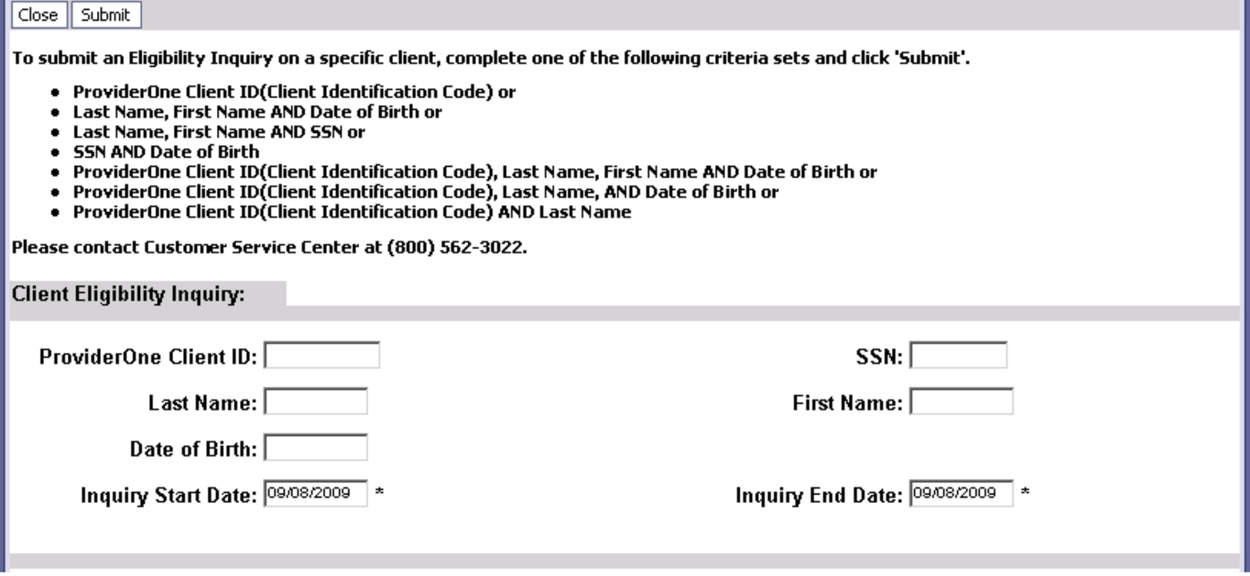 Client Eligibility Inquiry: search identifier fields and Inquiry Start Date and Inquiry End Date