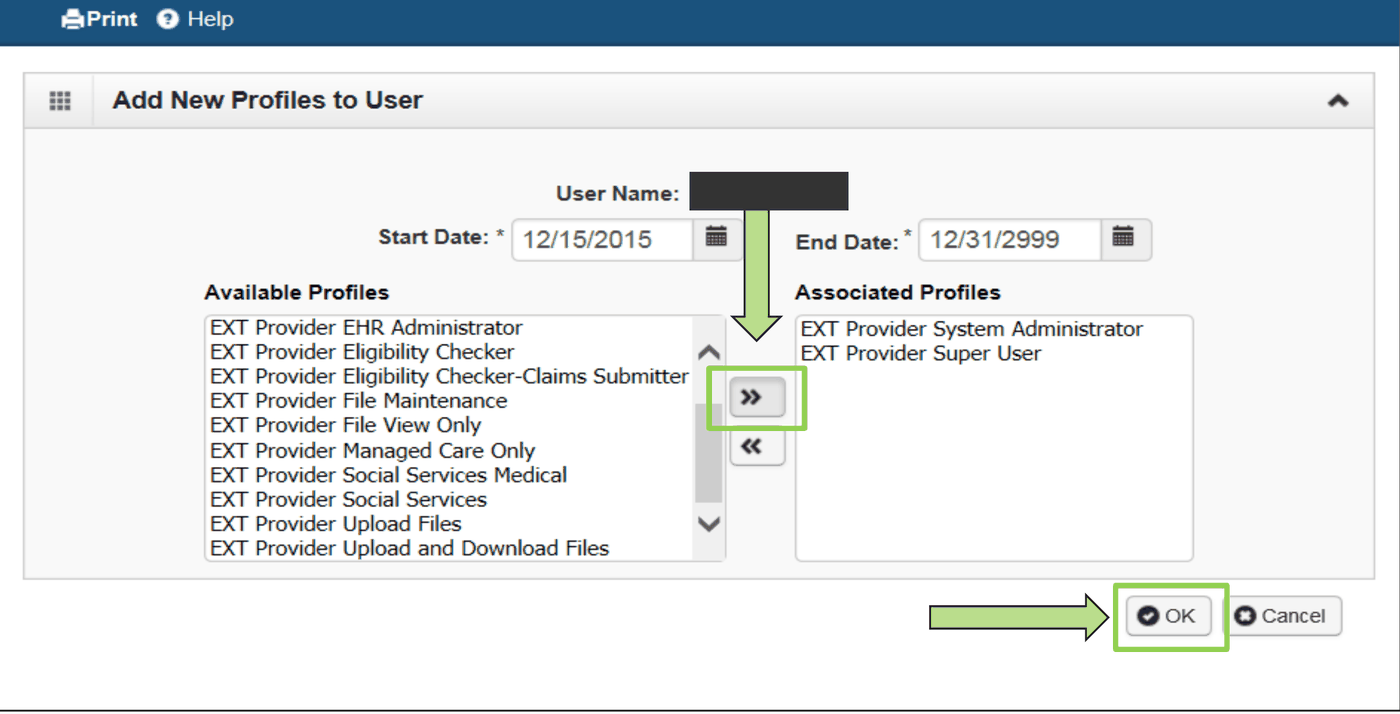 Add New Profiles to User: Available Profiles, Associated Profiles, move-right arrow and OK; sample user masked