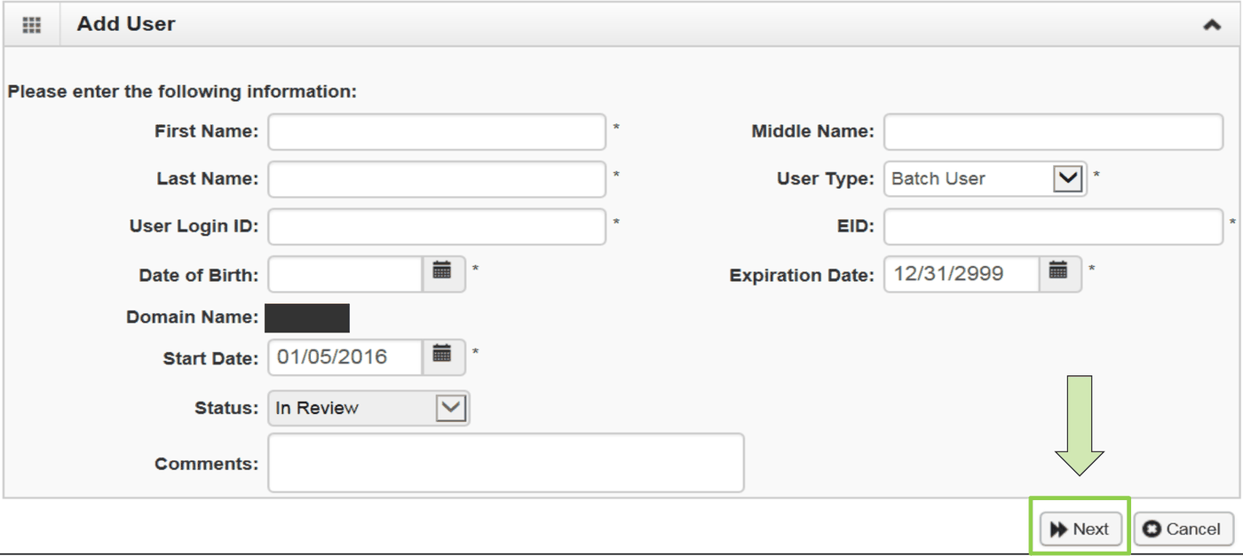 Add User: first and last name, User Login ID, date of birth, user type, EID and Next