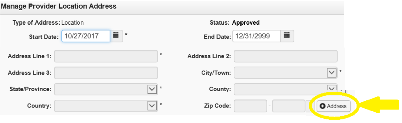 Manage Provider Location Address: address fields and the highlighted Address button