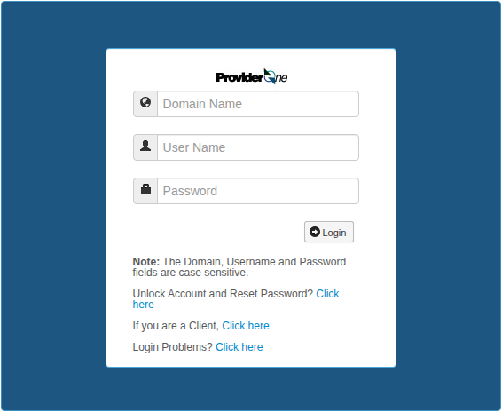 ProviderOne sign-in: Domain Name, User Name, Password, Login, Unlock Account and Reset Password, client link and Login Problems