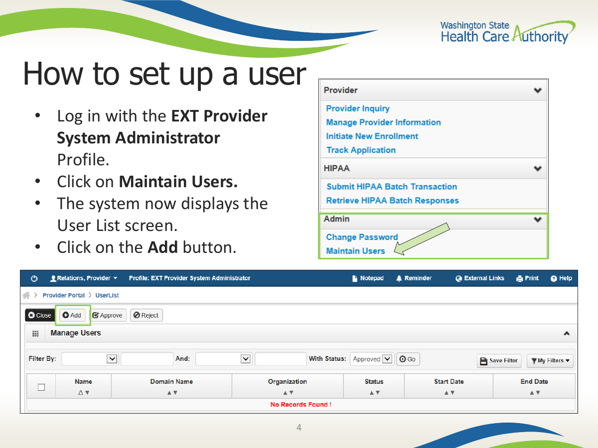 HCA ProviderOne setup guide screenshot showing Maintain Users and the Add button for creating a user.