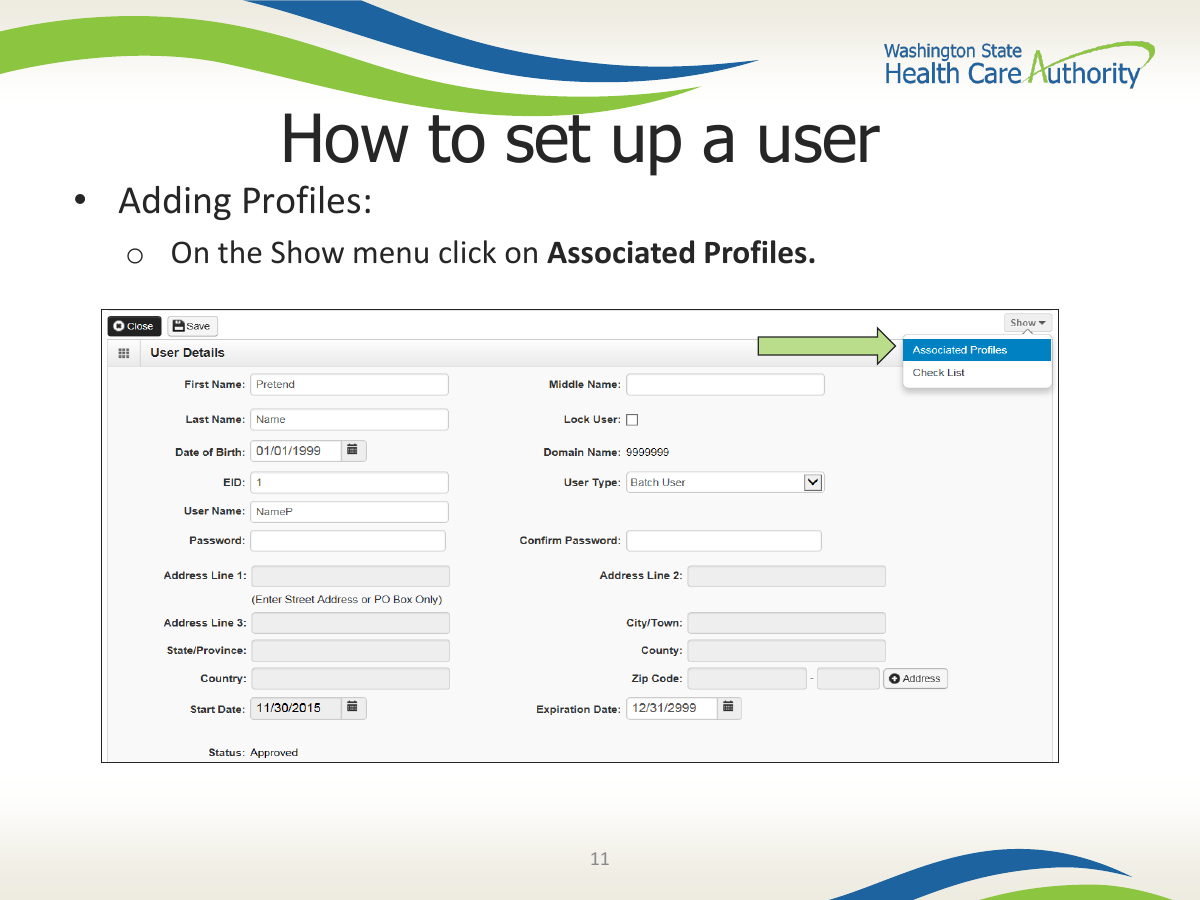 HCA ProviderOne setup guide screenshot showing an approved user record before profile assignment.